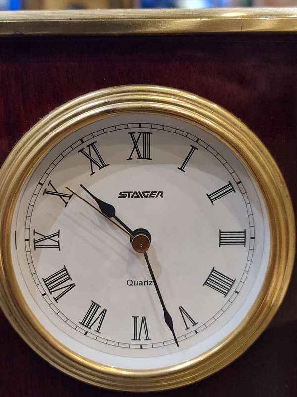 Vintage Gold and Woodgrain Staiger Tabletop Clock