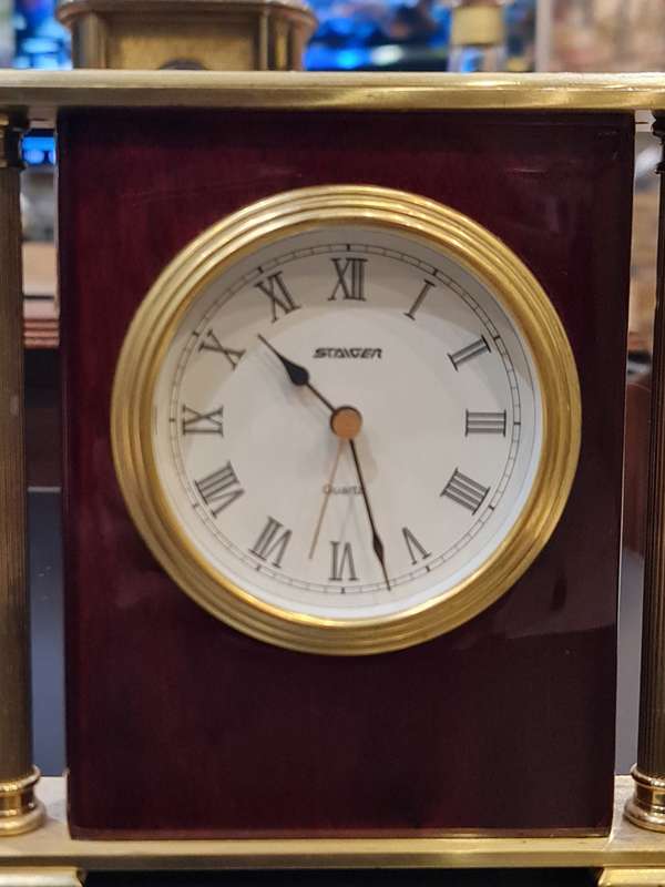 Vintage Gold and Woodgrain Staiger Tabletop Clock