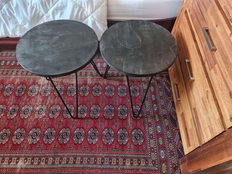 A Pair of Wood and Metal Side Tables