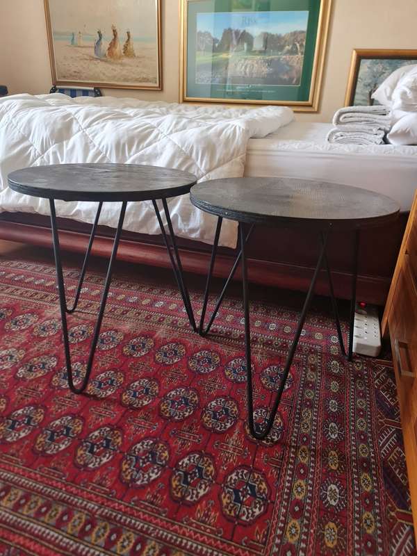 A Pair of Wood and Metal Side Tables