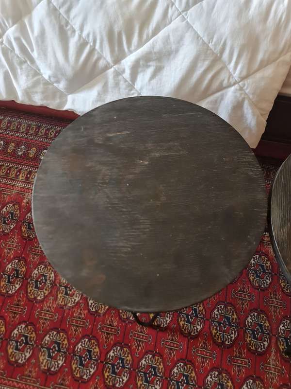 A Pair of Wood and Metal Side Tables