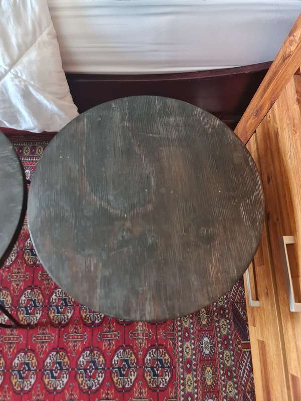 A Pair of Wood and Metal Side Tables