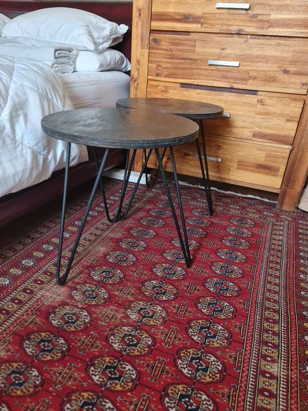 A Pair of Wood and Metal Side Tables