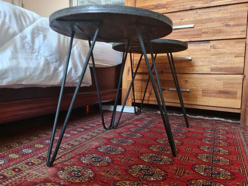 A Pair of Wood and Metal Side Tables