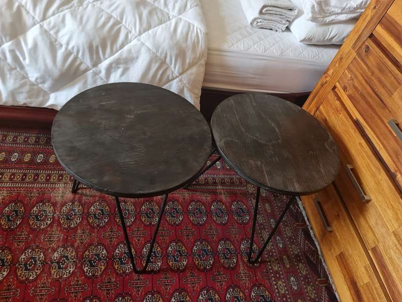A Pair of Wood and Metal Side Tables