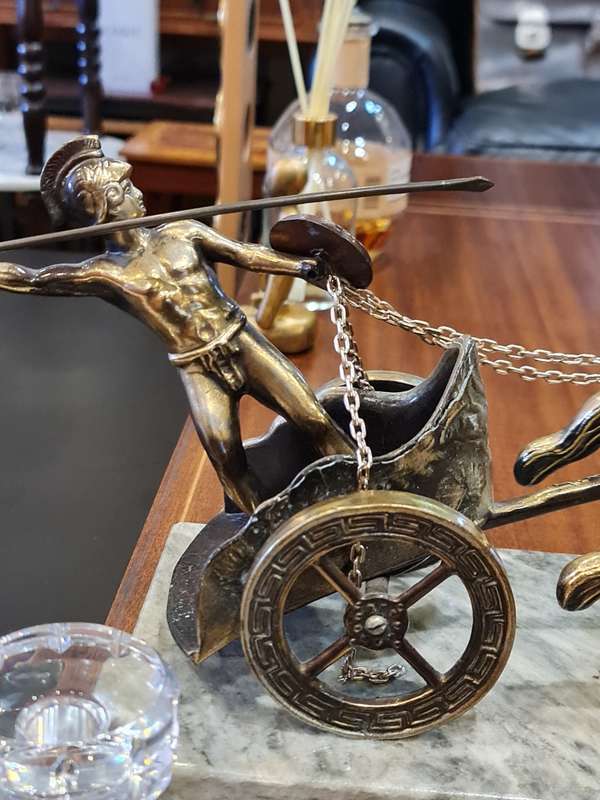 Vintage Roman Greek Gladiator - With Spear 2 Horse Chariot Brass Bronze