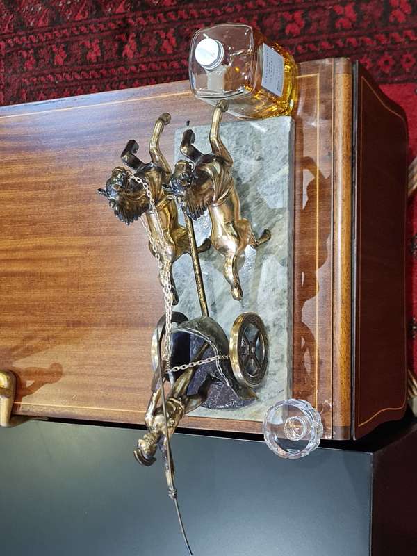 Vintage Roman Greek Gladiator - With Spear 2 Horse Chariot Brass Bronze