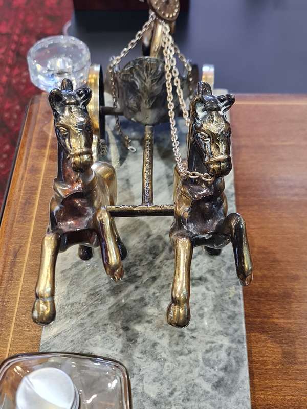 Vintage Roman Greek Gladiator - With Spear 2 Horse Chariot Brass Bronze