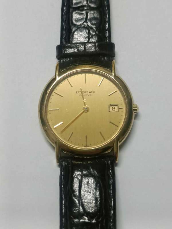 Raymond Weil Gold Dial Date Black Strap Watch