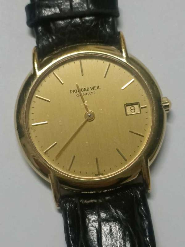 Raymond Weil Gold Dial Date Black Strap Watch