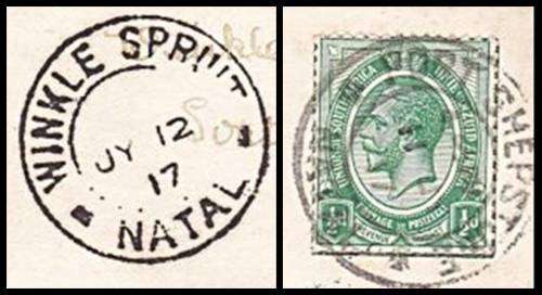 Very Rare 1917 "WINKLE SPRUIT" Cancel on Postcard sent from "PORT SHEPSTONE"