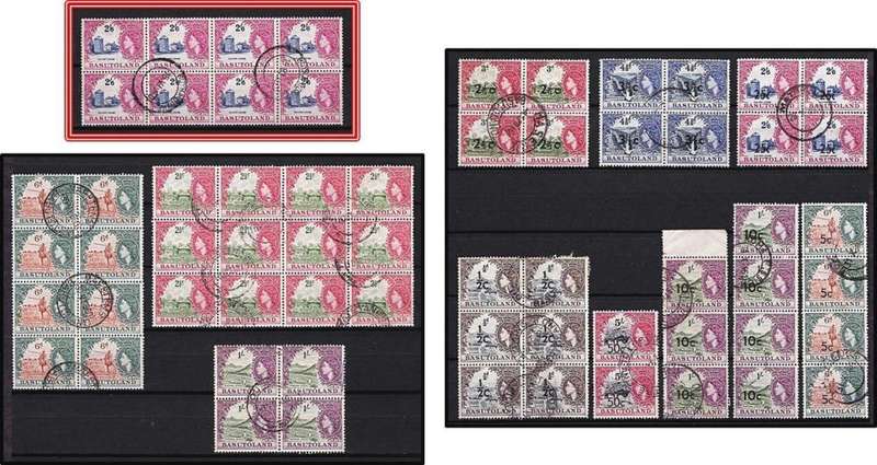 1954/61 Basutoland QEII Multiples including HIGH VALUE 2/6 Surcharged Block of 8 - CV = R1,200++