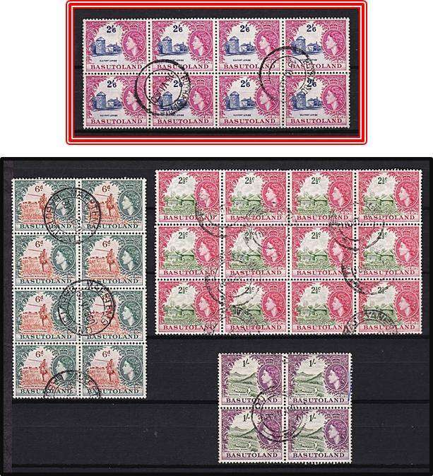 1954/61 Basutoland QEII Multiples including HIGH VALUE 2/6 Surcharged Block of 8 - CV = R1,200++