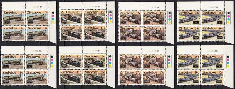 1986 Zimbabwe *** A and B *** Control  Blocks of 4 UMM (**) "TRAINS" - CV = R2,000+
