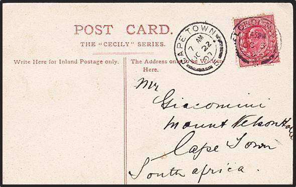 1906 Postcard with "CAPE TOWN" cancel on ½d KEVII CoGH (PK: Cairo, Sharia, Kameel)