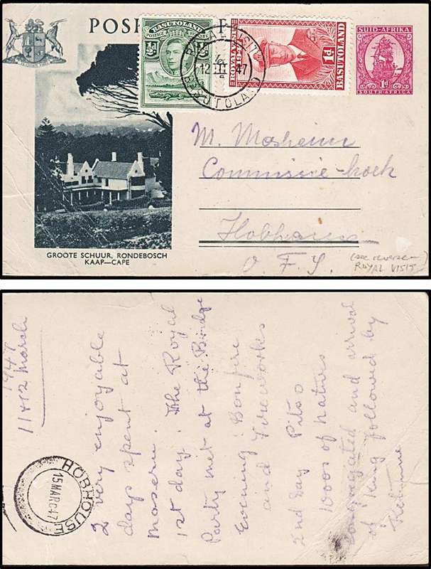 1947 Basutoland Royal Visit Cancel on Postcard to "HOBHOUSE" = SCARCE