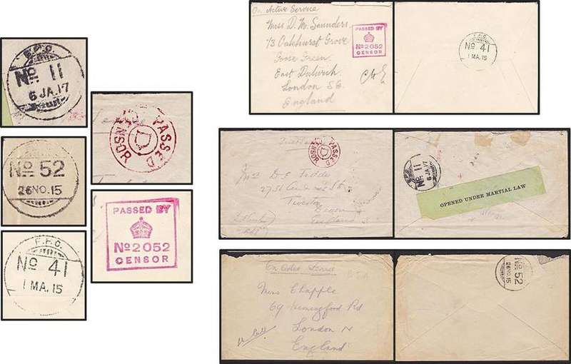 1915 & 1917 WWI Covers with F.P.O. No 11, 41 & 52 Handstamps + PASSED CENSOR Handstamps