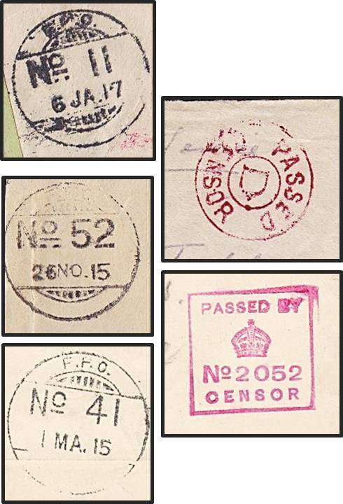 1915 & 1917 WWI Covers with F.P.O. No 11, 41 & 52 Handstamps + PASSED CENSOR Handstamps