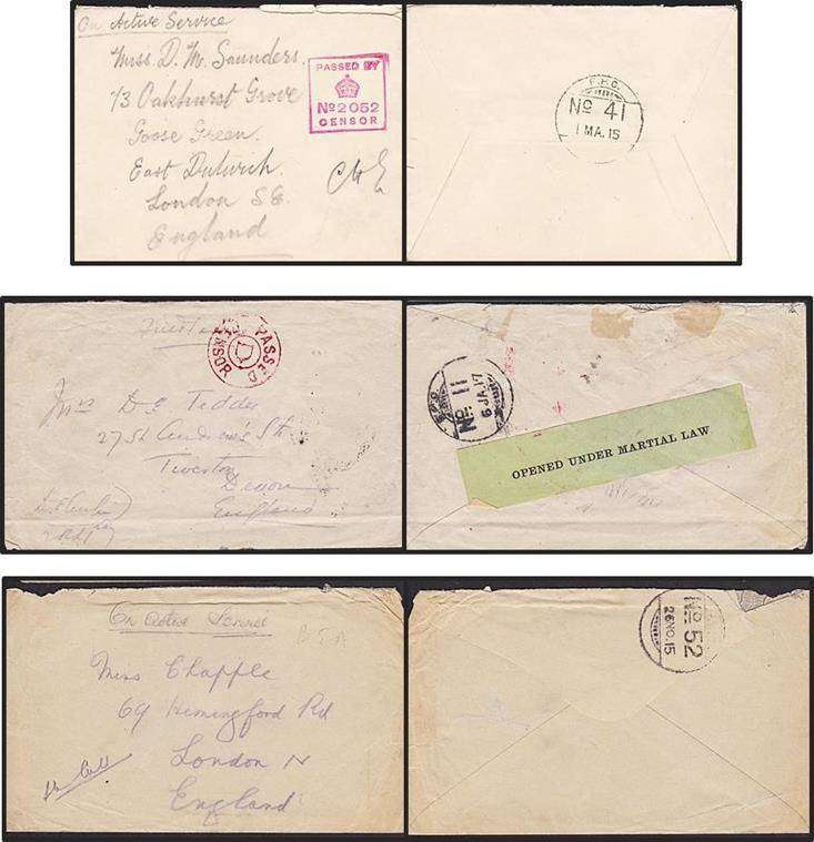 1915 & 1917 WWI Covers with F.P.O. No 11, 41 & 52 Handstamps + PASSED CENSOR Handstamps