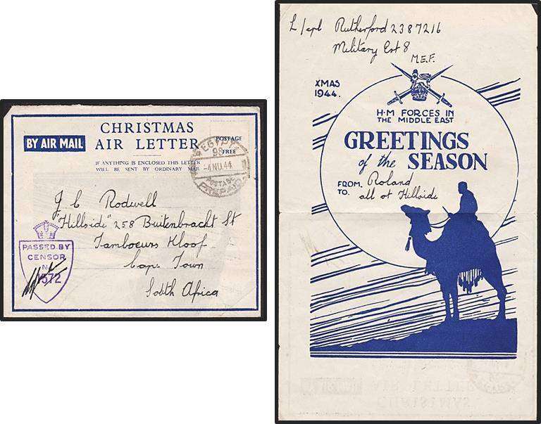 1944 WWII Censored Aerogramme with British Shield Censor Mark - Thematic Seasons Greetings