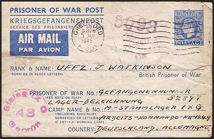 1945 WWII Censored "PRISONER OF WAR POST" Cover to Germany - GREAT HANDSTAMPS !!!