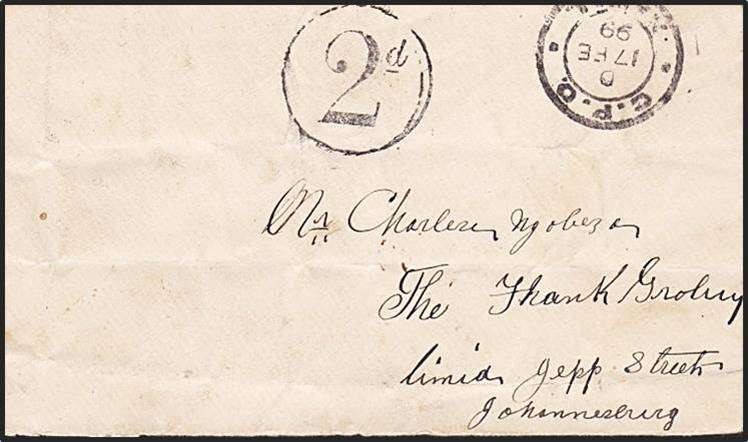 1899 NATAL G.P.O (Pietermaritzburg) - Double Deficiency - 2d indicated by circular handstamp