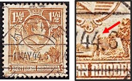 TICKBIRD Flaw on 1938 Northern Rhodesia KGVI  1½d Yellow-Brown Used- SACC.30a - Good CV!!!