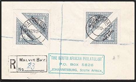 18 Mar 1929 S.W.A. Triangle Cover with Walvis Bay Cancels & Registration Handstamp