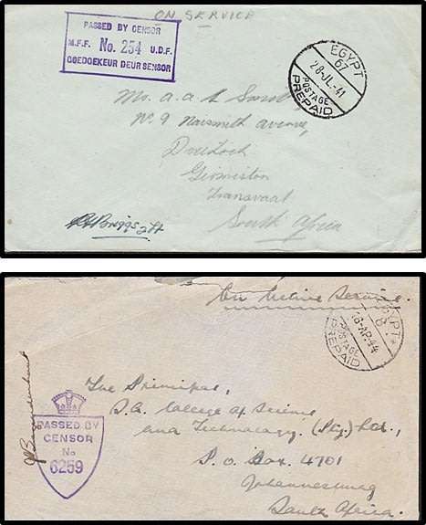 10 x WWII On Service Covers - Egypt to SA *** GREAT CENSOR HANDSTAMPS ***