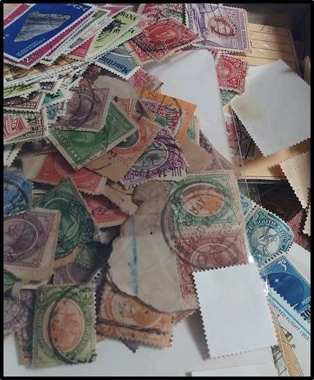 Scratchpatch World Mix in Shoebox - Mostly Off Paper - Stamp Packets, Approval Book etc