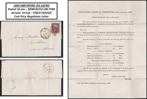 1856 GBR ENTIRE (SG.24/40): NEWCASTLE-ON-TYNE to FENCE-HOUSES  *** COAL INDUSTRY ***