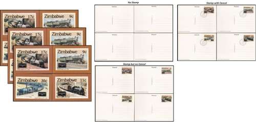 1985 Zimbabwe Trains Post Cards - No Stamp, No Cancel, Cancel and Stamp