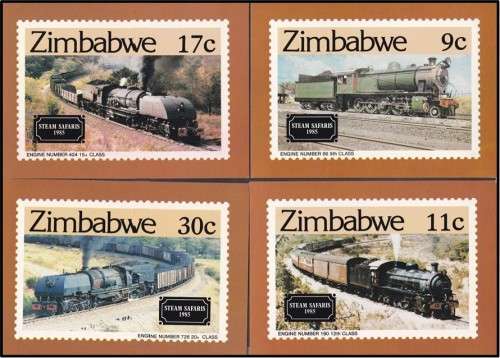 1985 Zimbabwe Trains Post Cards - No Stamp, No Cancel, Cancel and Stamp