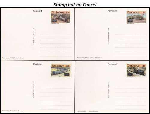 1985 Zimbabwe Trains Post Cards - No Stamp, No Cancel, Cancel and Stamp