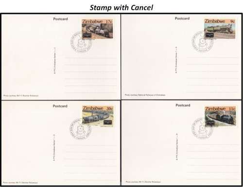 1985 Zimbabwe Trains Post Cards - No Stamp, No Cancel, Cancel and Stamp