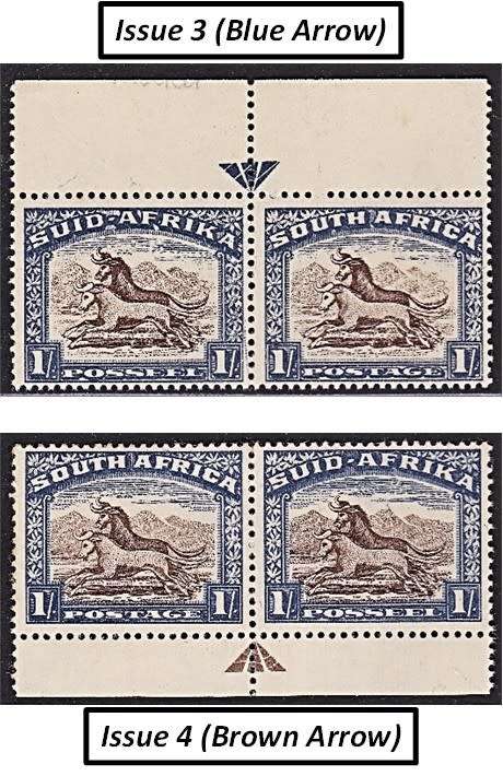 1939 1/- Union CC.61 UMM/MM Arrow Blocks - Plate 3(Blue) & Plate 4 (Brown)