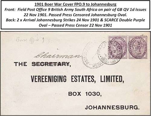 1901 Boer War Cover - FPO.9 to Jhb with Scarce Censor Backstamp