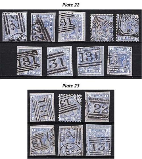 1873/80 GB QV 2 1/2d Plate 22 & 23 with Different Postmarks  *** CV  R17,000+ ***