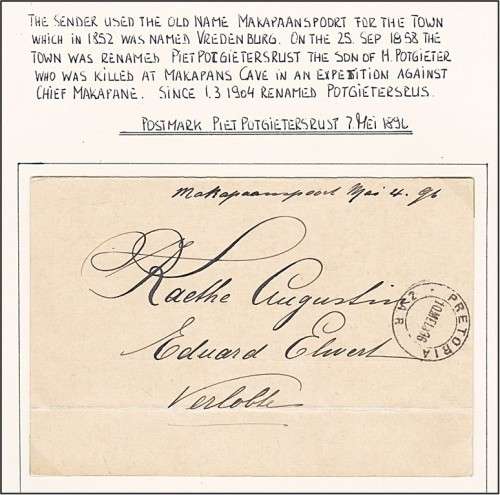 1896 ZAR Prepaid BRIEFKAART with Rare `PIET POTGIETERSRUS` Cancel