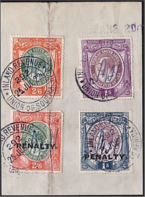 1922 Union KGV Revenues on Piece Including SCARCE `PENALTY` Overprints