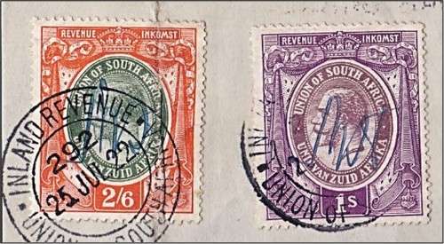 1922 Union KGV Revenues on Piece Including SCARCE `PENALTY` Overprints
