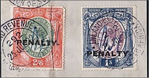 1922 Union KGV Revenues on Piece Including SCARCE `PENALTY` Overprints