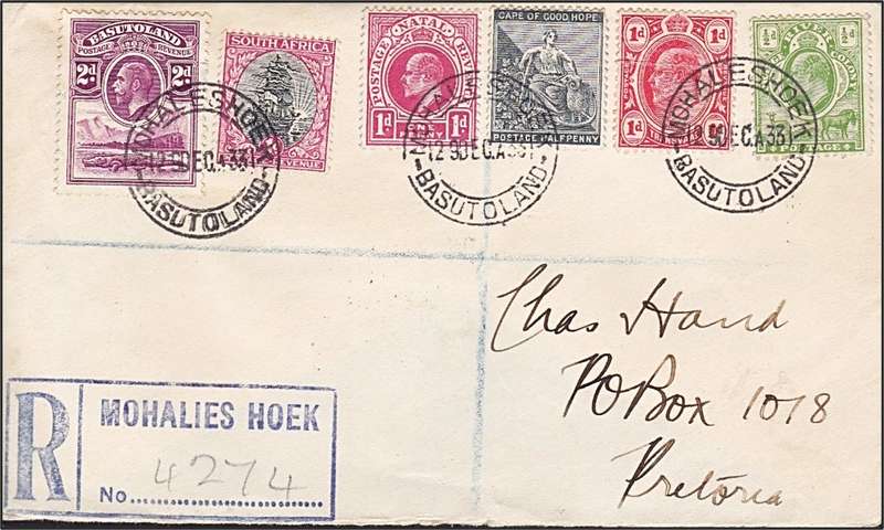 1933 Basutoland,  Mohalies Hoek Cover with MIXED FRANKING (Natal/Tvl/OFS/CoGH/Union)