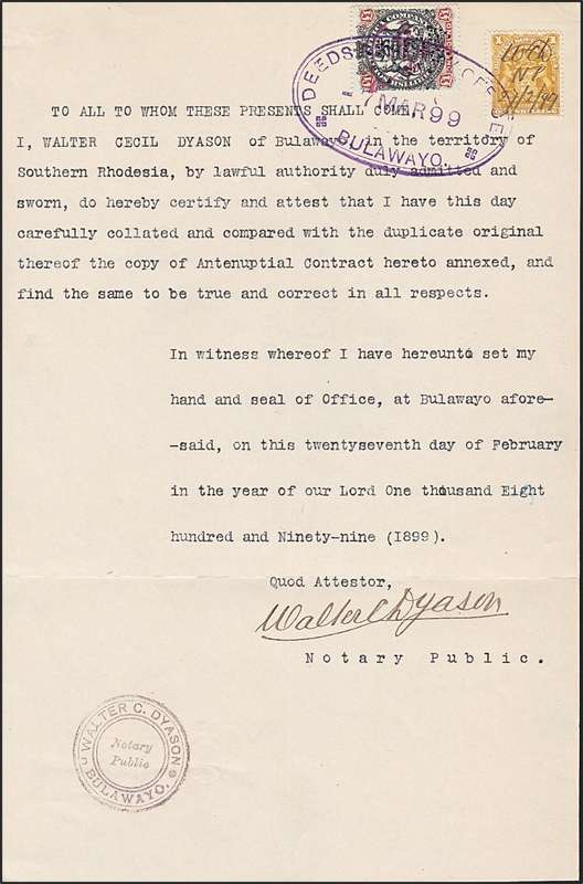 1899 BSAC, Bulawayo Antenuptial Contract with 1 Pound & 1/s Duties