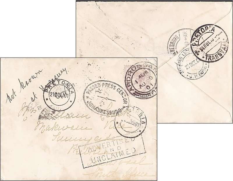 1901 Boer War UNCLAIMED Cover - Ardrossan & Various PMs + Censor Oval + Unclaimed H/Stamp
