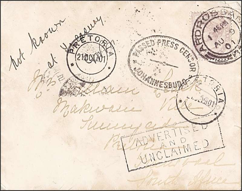 1901 Boer War UNCLAIMED Cover - Ardrossan & Various PMs + Censor Oval + Unclaimed H/Stamp