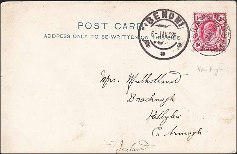 1908 Transvaal PC  with `VAN RYHN` Cancel on 1d KEVII - SCARCE