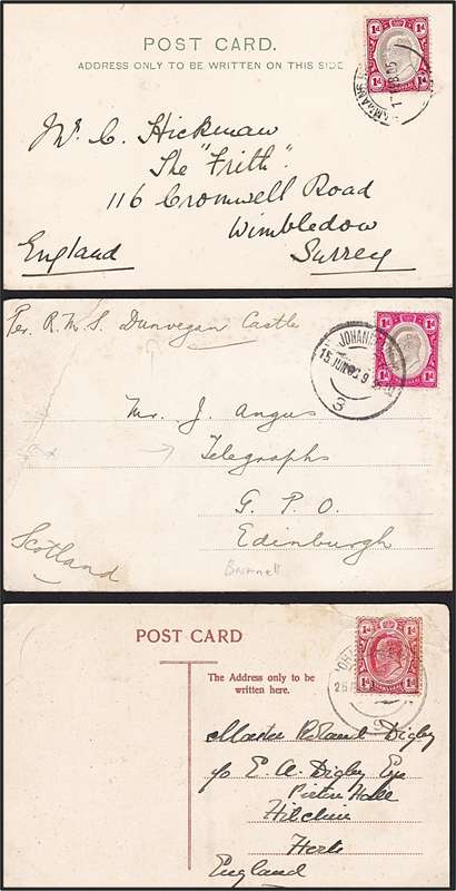 3 x 1905/09 Transvaal KEVII 1d on Post Cards