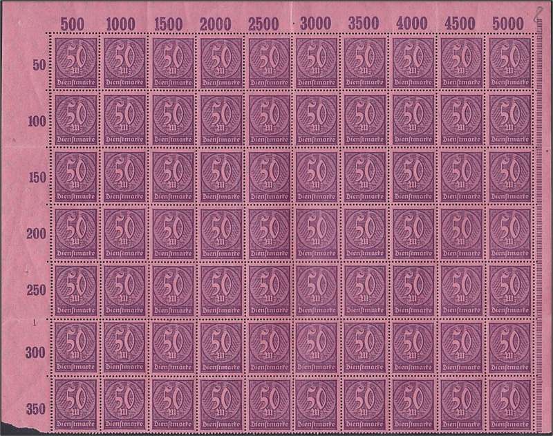 1922/3 German Reich 50M Dienstmarkte Mi.73 UMM(**) Part Sheet of 70 *** Scarce Item ***