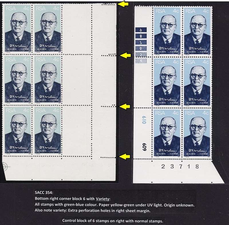1974 RSA CC.354 UMM(**) Blue Green Inking/Yellow Green Paper & Extra Perfs (Proof Item?)